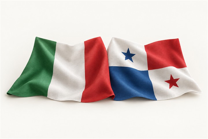 The flags of Italy and Panama together in softly folded fabric.